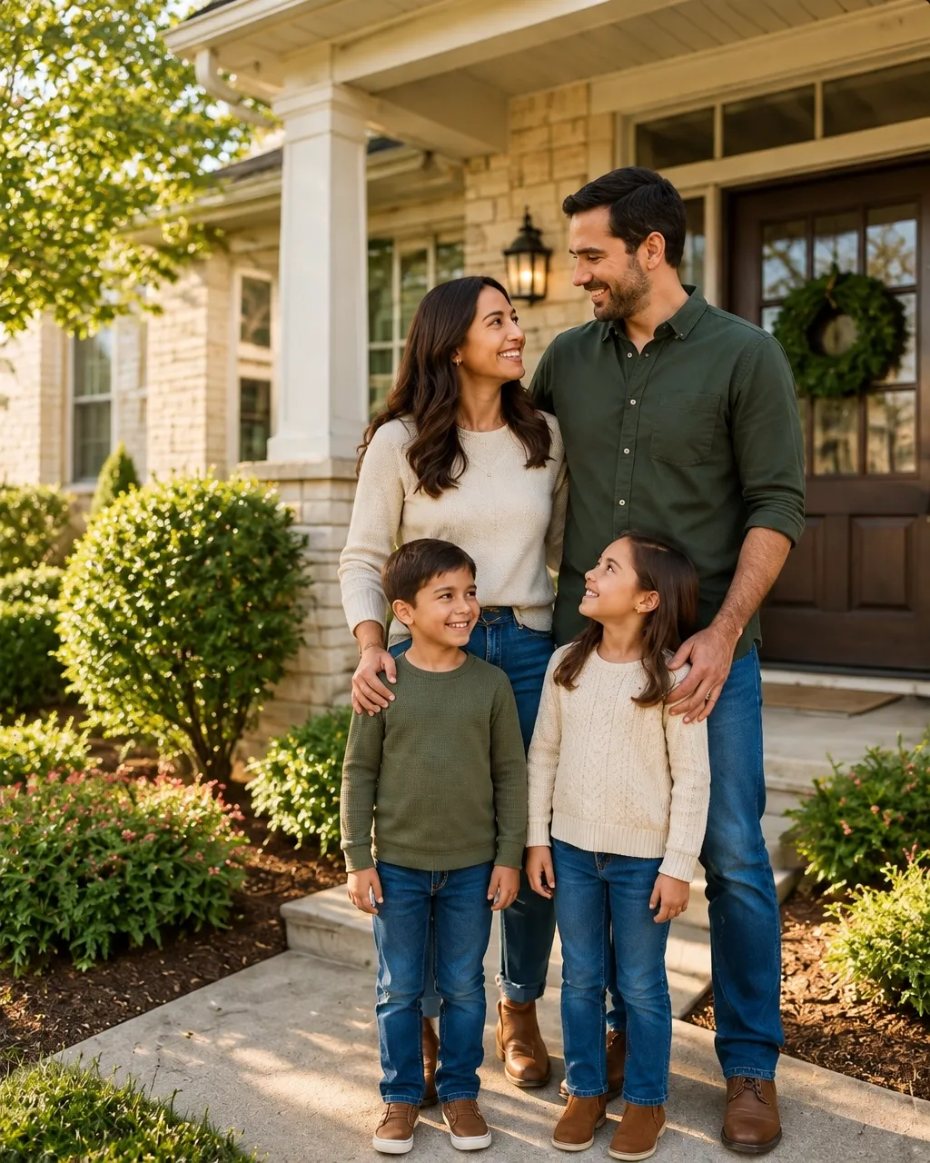 Family gathered on the porch of a Texas suburban brick home