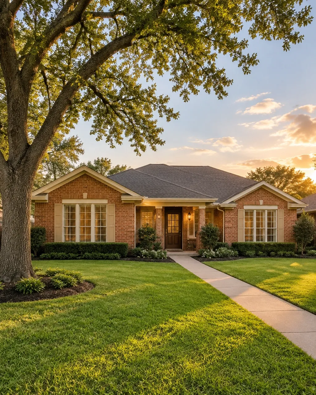 Warm brick Sugar Land home at golden hour